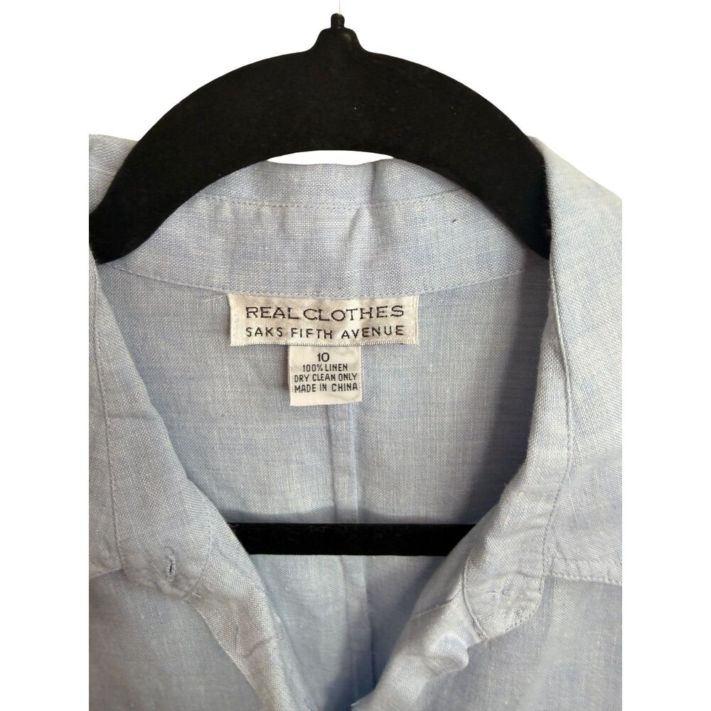 Real Clothes Saks Fifth Avenue 100% Linen Button Up Shirt Blue Women's Size 10 - Picture 6 of 6